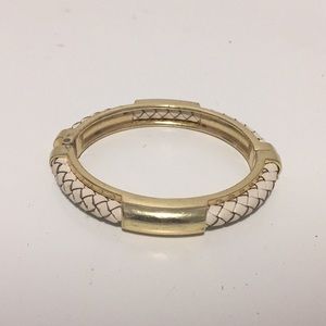 Gold and White Leather Braided Hinged Cuff